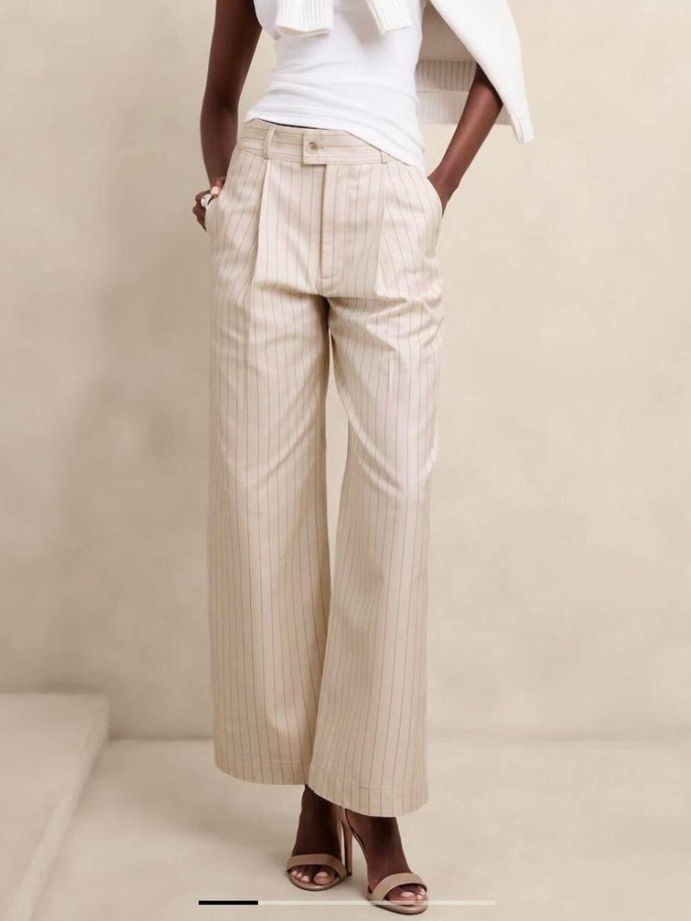 New BANANA REPUBLIC Twill Cotton Pleated Striped Wide Leg Pants High Rise Cream